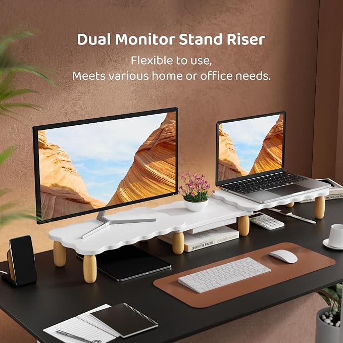 Dual Monitor Riser, Cookie-Shaped Adjustable Length & Swivel Angle, Wooden - Image 2