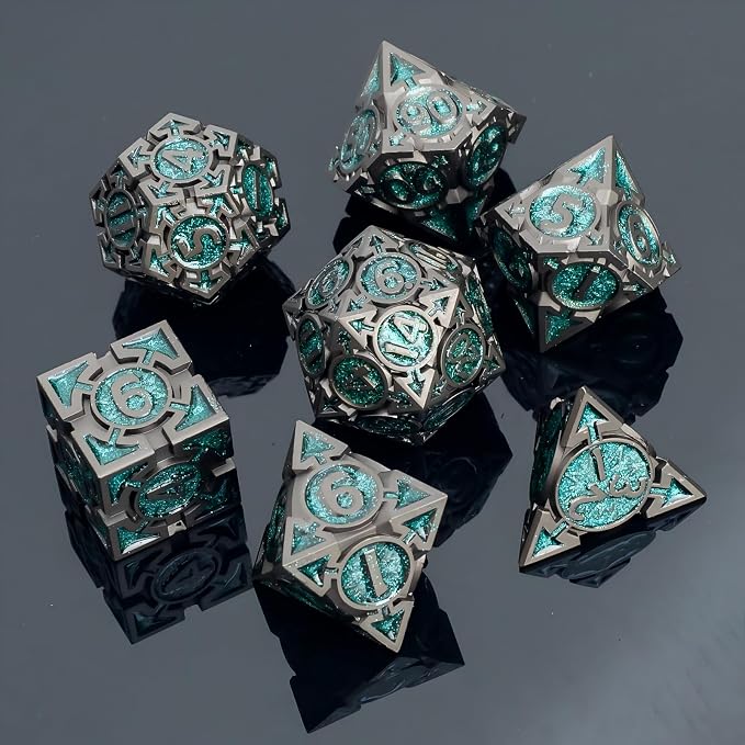 Green Black Nickel Finish Heavy Metal DND Dice Set - Image 6