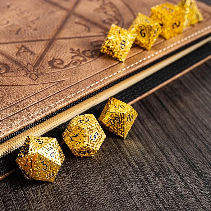 Golden Metal Hollow DND Dice Set Metallic Luster Maze Design - Image 7