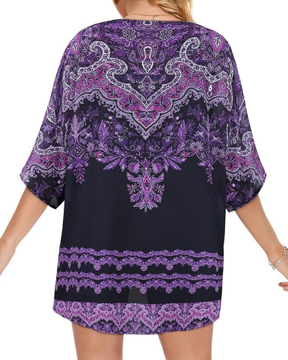 Women's Floral Print Puff Sleeve Kimono Cardigan Loose Cover Up Casual Blouse - Image 5