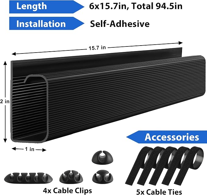 Cable Management Under Desk 94.5in J Channel, ZhiYo Cord Organizer - Image 2