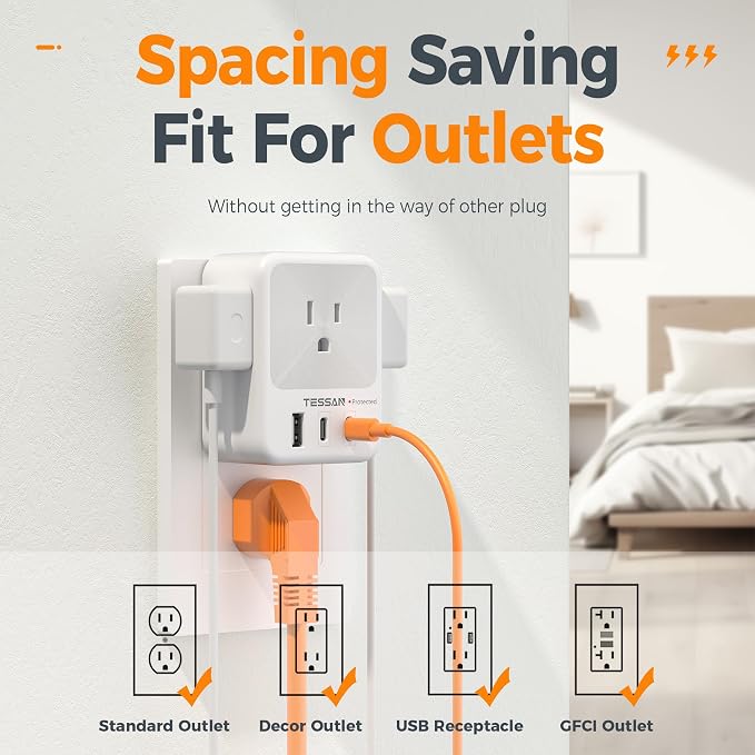 Multi Plug Wall Outlet Splitter, TESSAN Surge Protector 4 Outlet Extender - Image 5