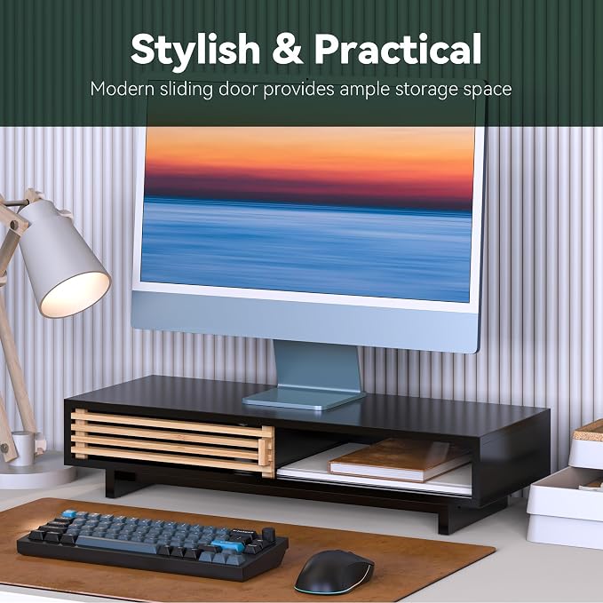 Monitor Stand Riser with Sliding Door, Computer Laptop Stand Desk Shelf - Image 4