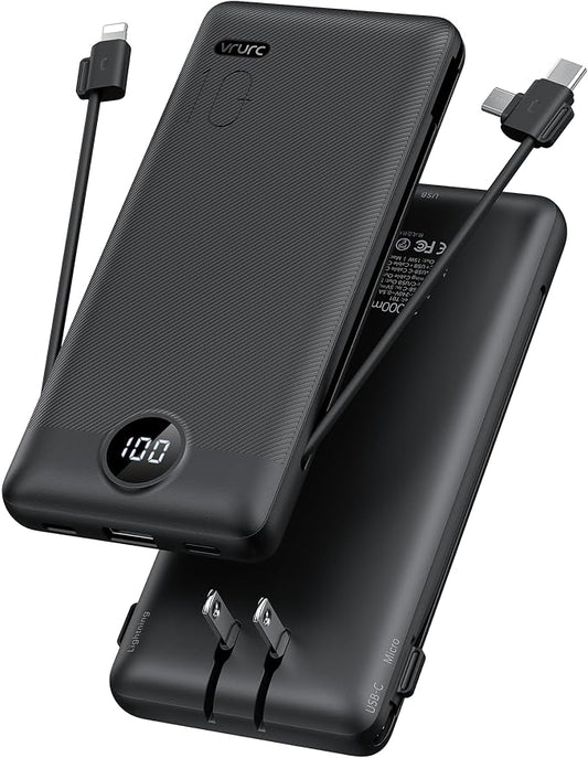 VRURC Portable Charger Built-in Cables and AC Wall Plug, USB C Power Bank by Home
