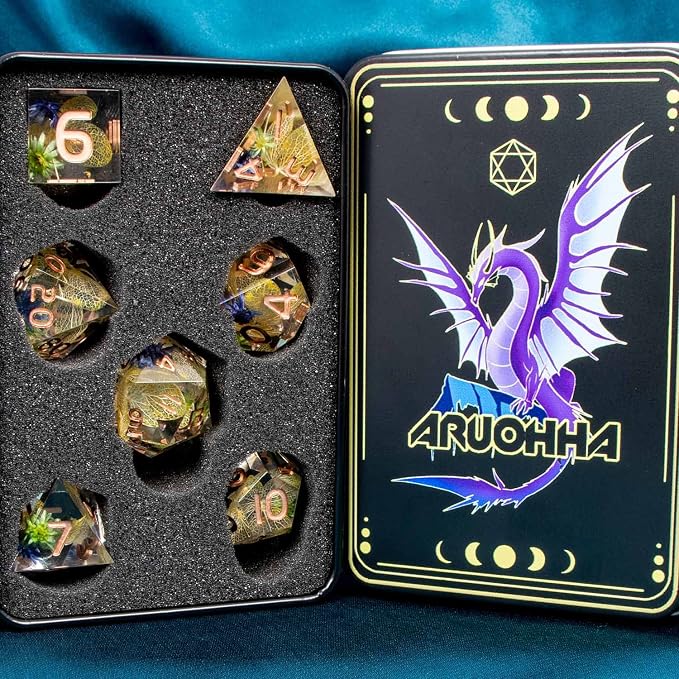 ARUOHHA DND Resin Dice Translucent Yellow Leaf Sharp Edged Dice Set - Image 7