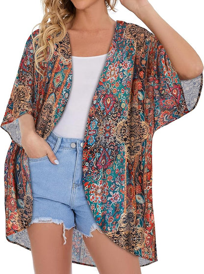 Women's Floral Print Puff Sleeve Kimono Cardigan Loose Cover Up Casual Blouse - Image 2