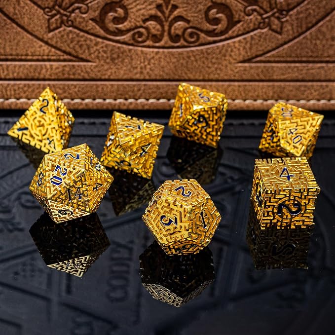 Golden Metal Hollow DND Dice Set Metallic Luster Maze Design - Image 6