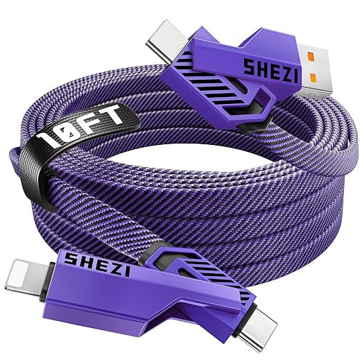 SHEZI 4-in-1 Long USB C Cable 60W 10FT Fast Charging Flat Nylon Braided Charger by SHEZI
