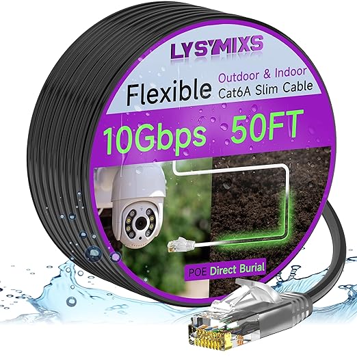 Cat6a Slim Ethernet Patch Cable 50ft Outdoor & Indoor, Flexible 10G Cat6 by Lysymixs