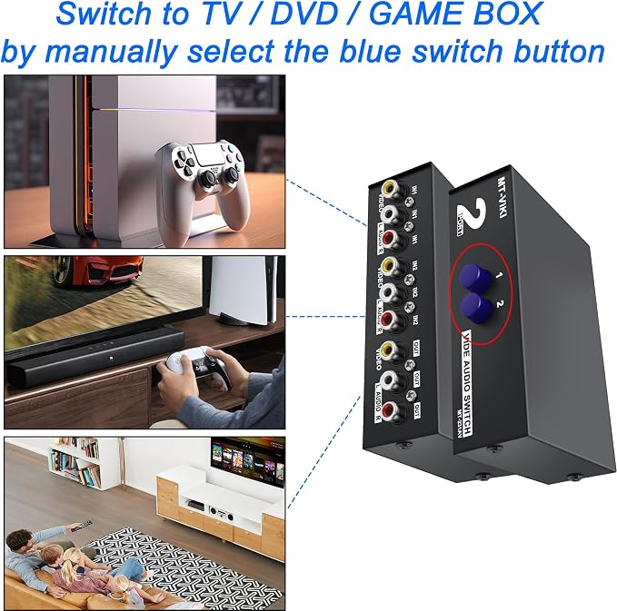 MEIRIYFA 2 Way AV RCA Switcher Splitter 2 in 1 Out, 2 Port AV RCA Switch 2-in-1 - Image 2