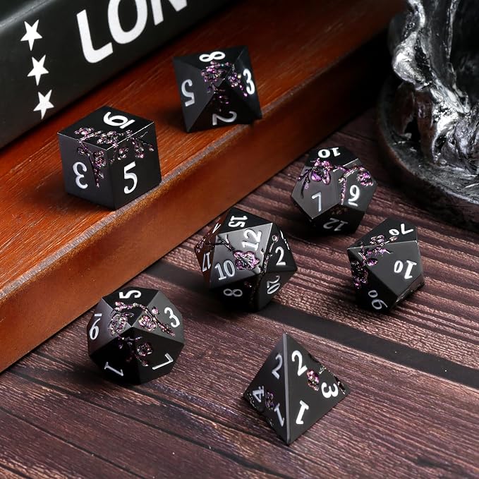 Glitter Purple Metal D&D Dice, DNDND 7 PCS Flower Metallic DND Dice Set - Image 3