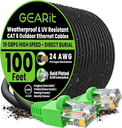 GEARit Cat6 Ethernet Cable 100ft, Direct Burial Outdoor Cat 6 Cable 24AWG High by GEARit