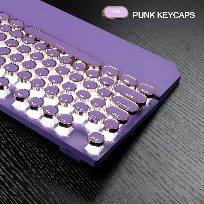 MageGee Typewriter Mechanical Gaming Keyboard, Retro Punk Purple Round Keycaps - Image 6