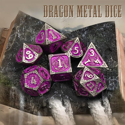PJOY Metal DND Dice Set with Dice Case Antique Silver Purple Dragon D&D - Image 3