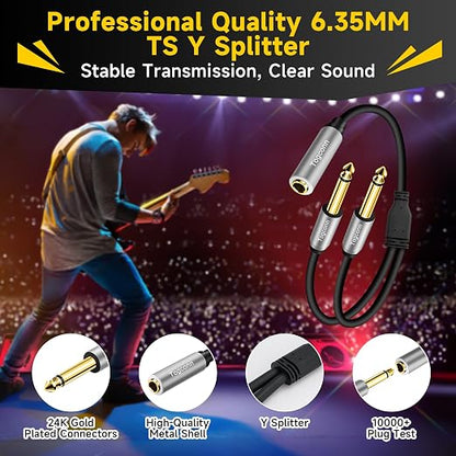 1/4 inch TS Mono Splitter Y Adapter, 6.35mm Mono Female to Dual 6.35 mm TS Mono - Image 2