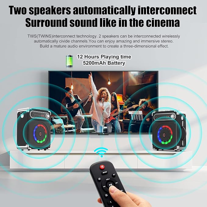Bluetooth Speaker with Two Wireless Microphones, Outdoor Speaker with - Image 4