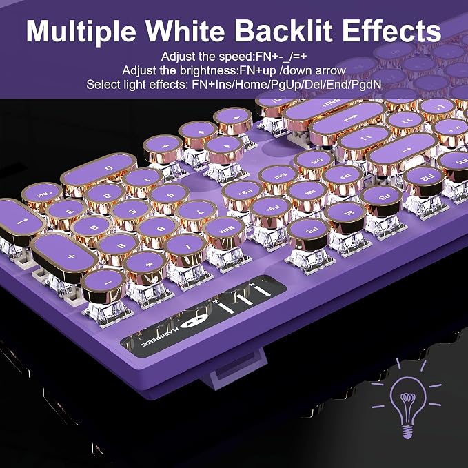 MageGee Typewriter Mechanical Gaming Keyboard, Retro Punk Purple Round Keycaps - Image 4