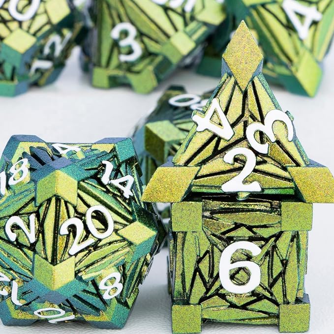 7PCS Metal DND Dice Set with Box, Debris RPG Green Yellow D and D Dice - Image 5
