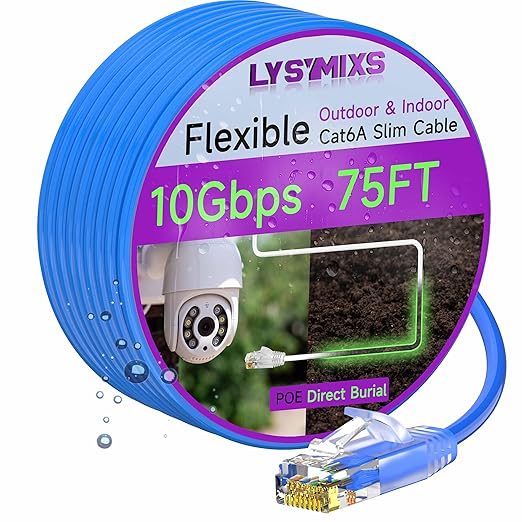 Cat6a Slim Ethernet Patch Cable 75ft Outdoor & Indoor, Flexible 10G Cat6 by Lysymixs