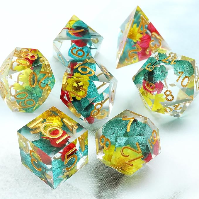 Haxtec Flower Sharp Edge Dice Resin DND Dice Set 7PCS Yellow Blue Red - Image 9