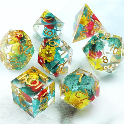Haxtec Flower Sharp Edge Dice Resin DND Dice Set 7PCS Yellow Blue Red - Image 9