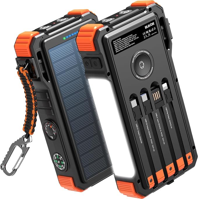 BLAVOR Solar Power Bank 20000mAh/74000mWh Built-in Cables, Wireless Charger by BLAVOR