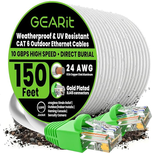 GEARit Cat6 Ethernet Cable 150ft, Outdoor Direct Burial Cat 6 Cable 24AWG High by GEARit