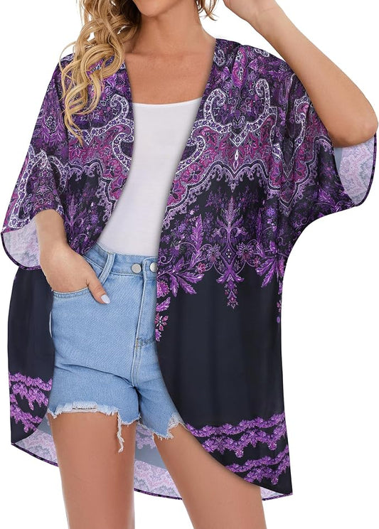 Women's Floral Print Puff Sleeve Kimono Cardigan Loose Cover Up Casual Blouse - Image 2