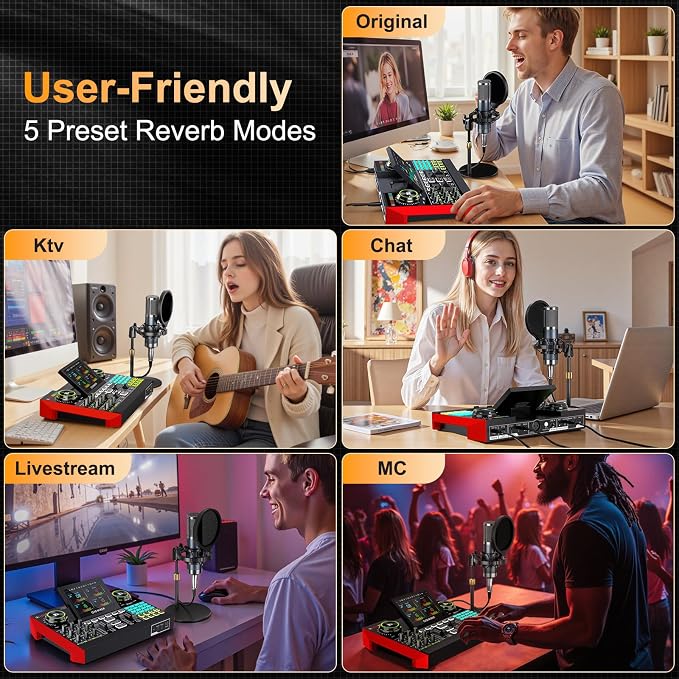 Podcast Equipment Bundle with Live Sound Card Audio Mixer, 3.5mm Condenser - Image 3