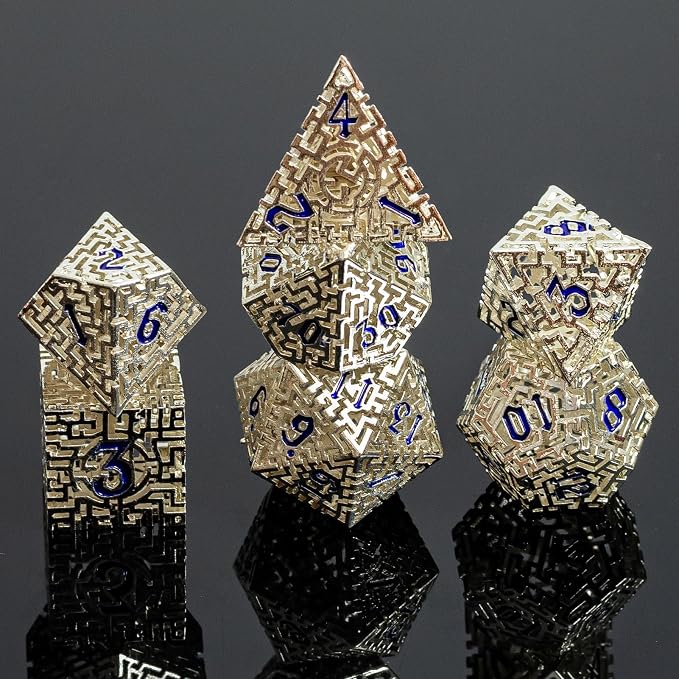 Silver Metal Hollow DND Dice Set Metallic Luster Maze Design by Unknown