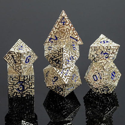 Silver Metal Hollow DND Dice Set Metallic Luster Maze Design by Unknown