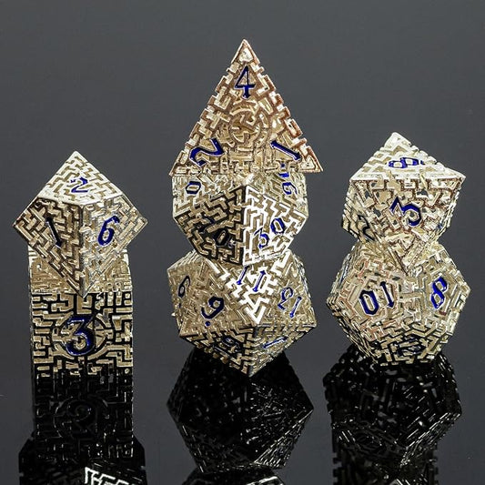 Silver Metal Hollow DND Dice Set Metallic Luster Maze Design by Unknown