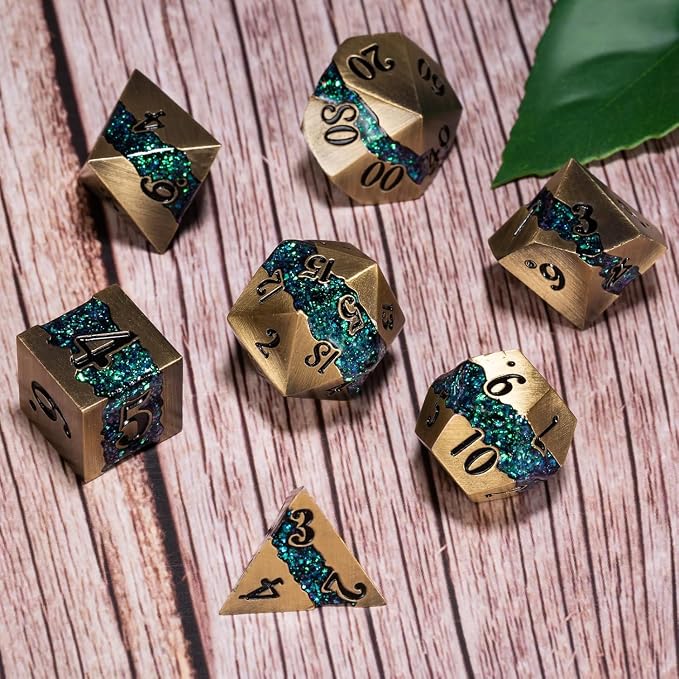 Metal RPG Dice Set, Mica Glitter Stripe Dice DND, Antique Bronze Dice 7pcs Set - Image 4
