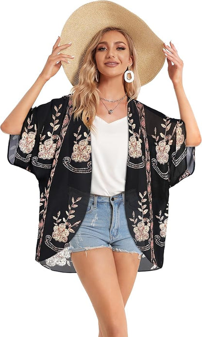 Women's Floral Print Puff Sleeve Kimono Cardigan Loose Cover Up Casual Blouse - Image 6