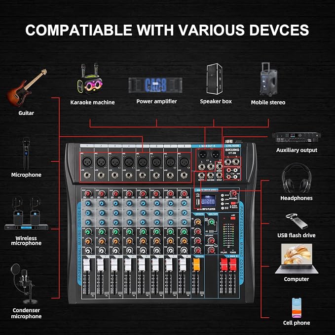 8 Channel Audio Mixer Sound Board Mixer 16 DSP Effect Audio Interfacer w/USB - Image 2