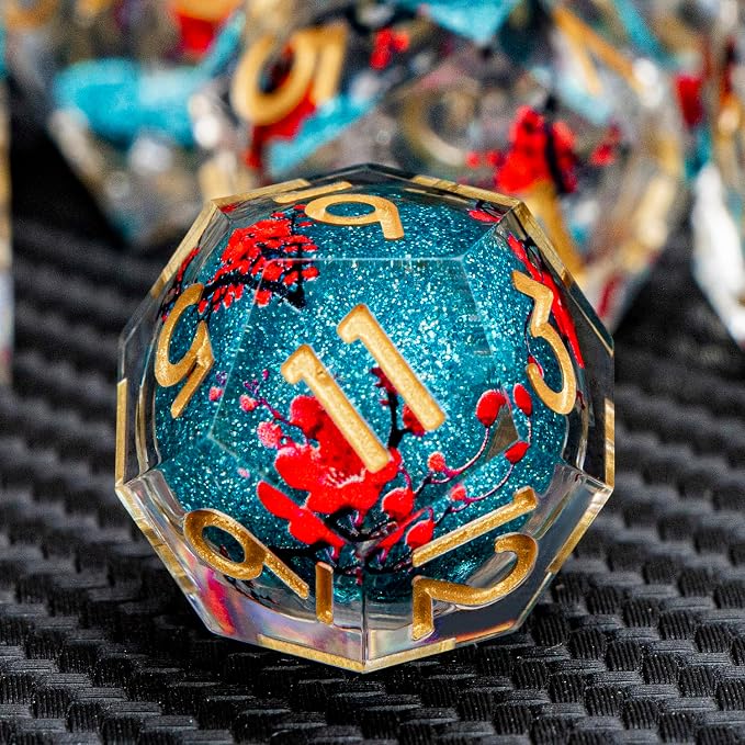 ARUOHHA DND Resin Dice Plum Blossom Liquid Core Dice Golden Blue Sharp Edged - Image 4