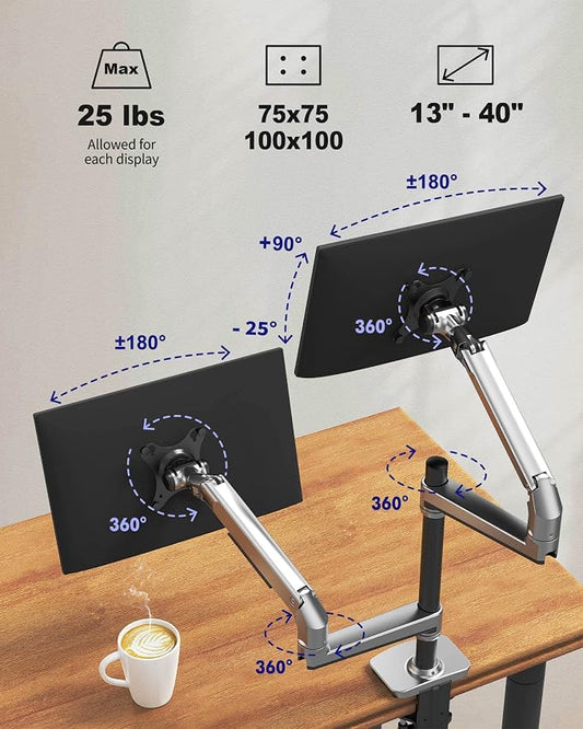 Dual Monitor Mount, Holds Screens up to 40 Inches and 25 lbs, Fully Adjustable - Image 2