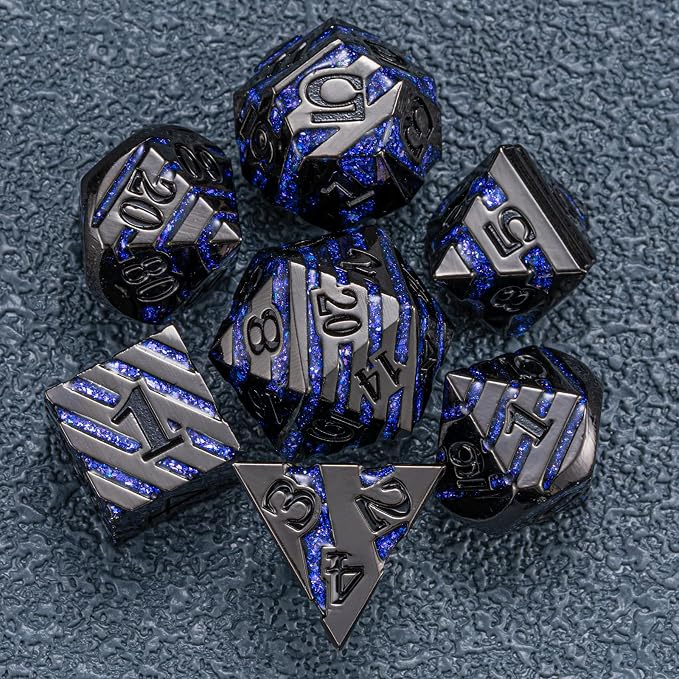 Anitque Metal Dice D&D, Metal Glitter Stripe Dice 7pcs Set - Image 5
