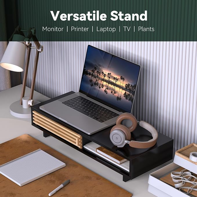 Monitor Stand Riser with Sliding Door, Computer Laptop Stand Desk Shelf - Image 3