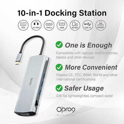 Opro9 10-in-1 USB C Hub Multiport Adapter, Laptop Docking Station Dual 4K HDMI - Image 2
