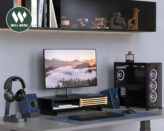 Monitor Stand Riser with Sliding Door, Computer Laptop Stand Desk Shelf - Image 2