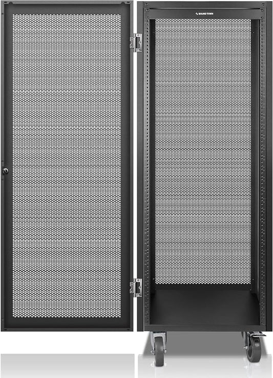 Sound Town 30U Universal Steel Rack, w/Mesh Doors, Locking Casters, Vented Side by SOUNDTOWN