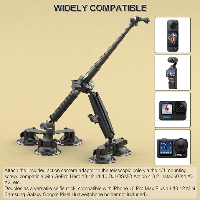 MINIFOCUS Suction Car Mount for Insta360 X5, 5 in 1 Suction Cup Camera Mount Kit - Image 4