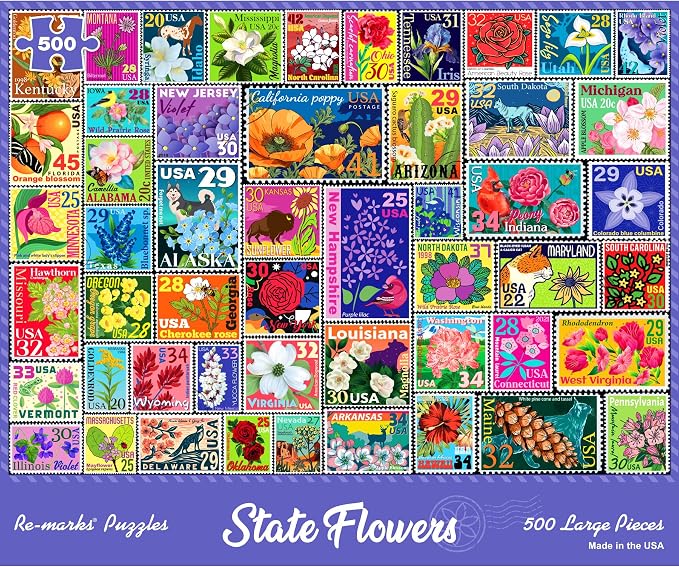 Re-marks State Flowers Stamp Collage Jigsaw Puzzle, 500 Large Piece Jigsaw by Re-marks