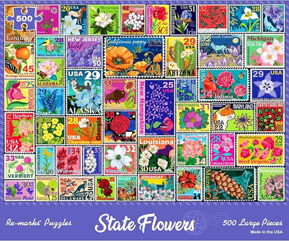 Re-marks State Flowers Stamp Collage Jigsaw Puzzle, 500 Large Piece Jigsaw by Re-marks