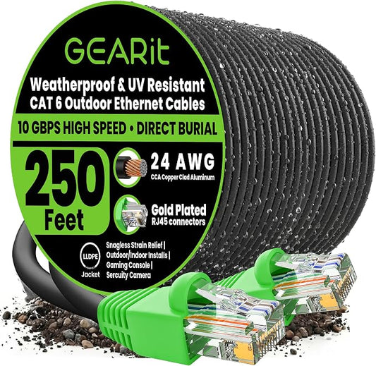 GEARit Cat6 Ethernet Cable 250ft, Outdoor Direct Burial Cat 6 Cable 24AWG High by GEARit