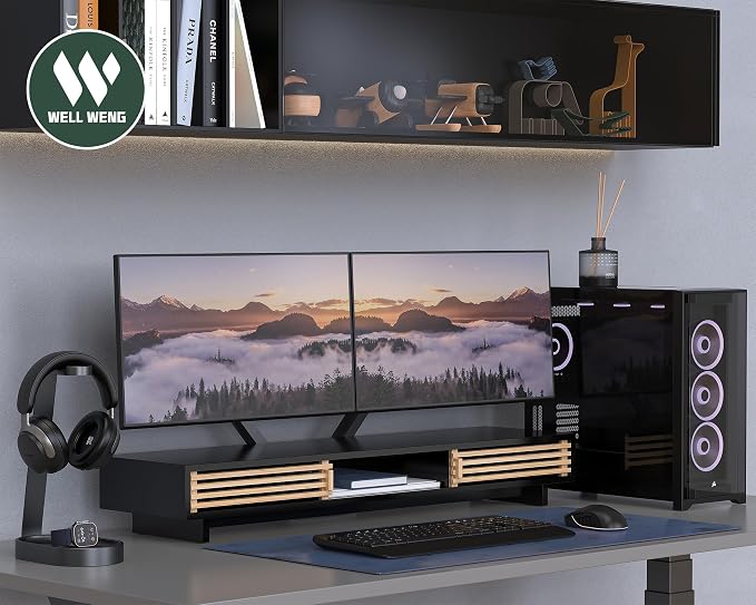 Dual Monitor Stand Riser with Sliding Door, Double Computer Laptop Stand Desk - Image 6