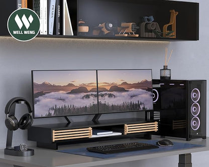 Dual Monitor Stand Riser with Sliding Door, Double Computer Laptop Stand Desk - Image 6