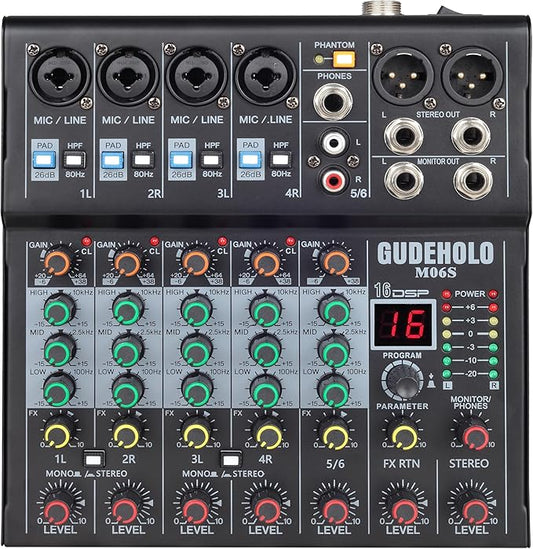 6-Channel Professional DJ Audio Mixer, DJ Controller Sound Mixer DSP 16 Preset by GUDEHOLO