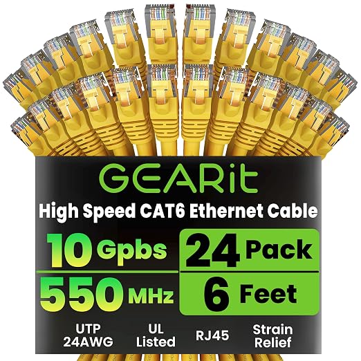 GEARit Cat 6 Ethernet Patch Cables 6 ft Yellow, High Speed 24AWG 10Gbps RJ45 by GEARit